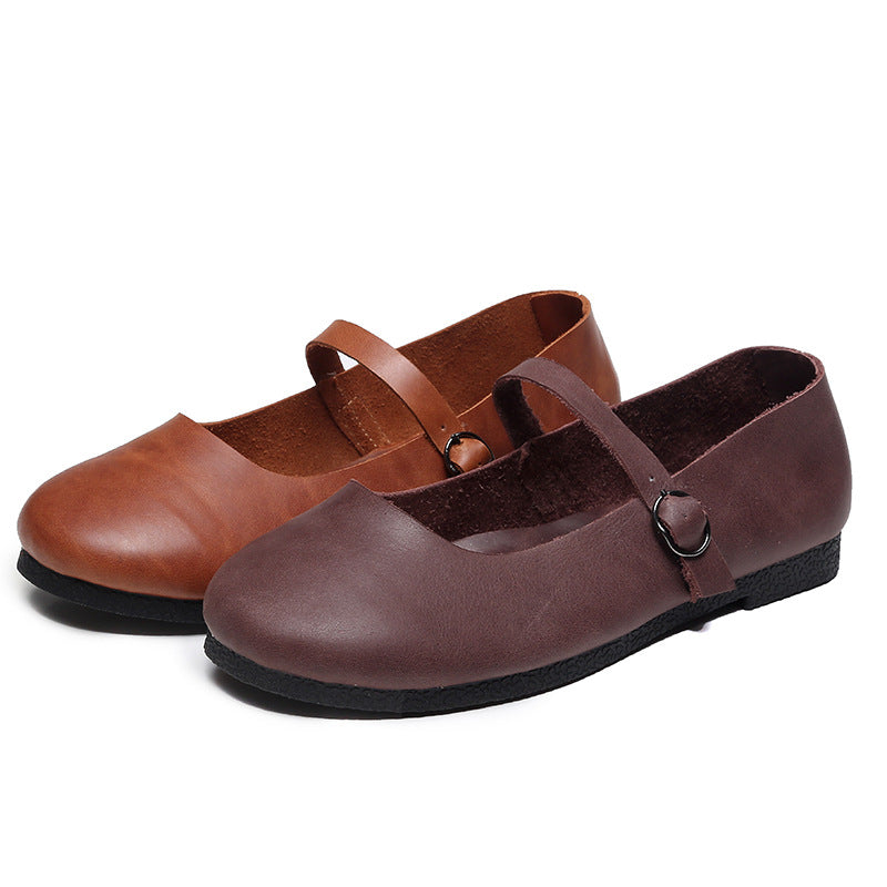 Comfortable Soft Leather Buckle Handmade Retro Flats Womens Shoes