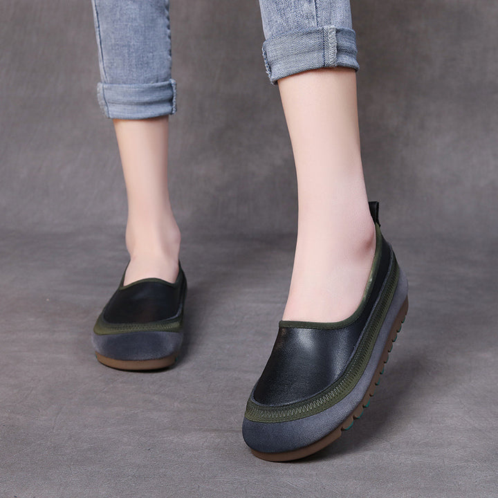 Handmade Colorblocking Cowhide Mori Style Loafers Flat Women's Shoes