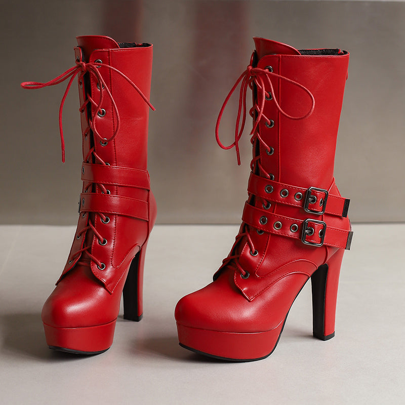 Womens Cross Tied Buckles High Block Heel Platform Punk Lace-up Boots