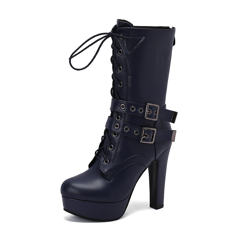 Womens Cross Tied Buckles High Block Heel Platform Punk Lace-up Boots