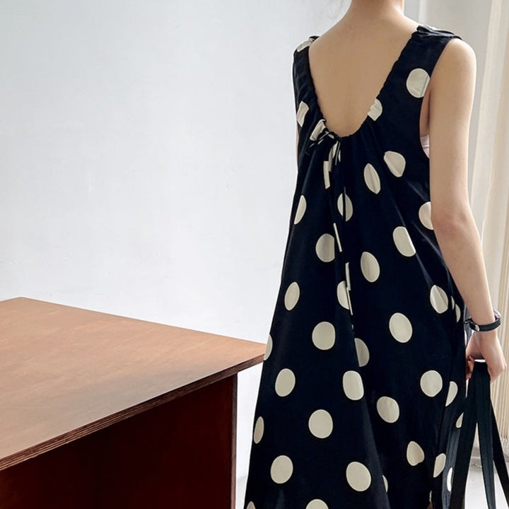 Linen Backless Drawstring Polka Dot Dress Sleeveless Long Dress