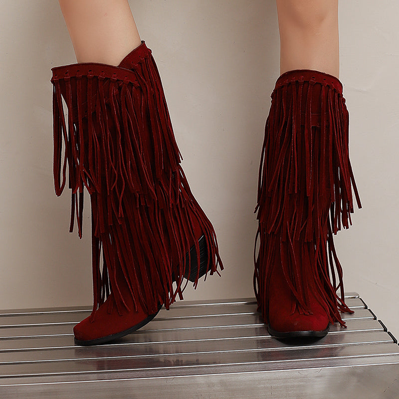 Womens Faux Suede Fringe Cowgirl Boots Mid Calf Cowboy Boots