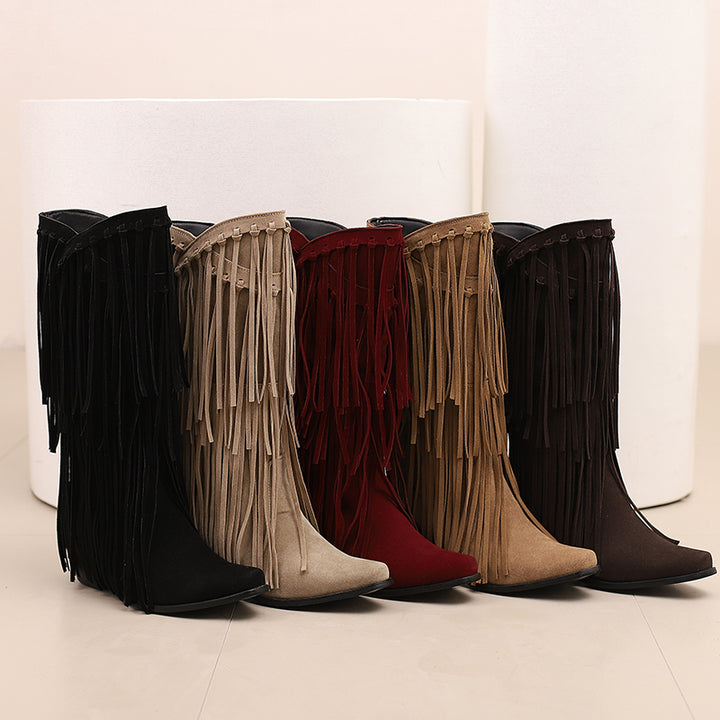 Womens Faux Suede Fringe Cowgirl Boots Mid Calf Cowboy Boots