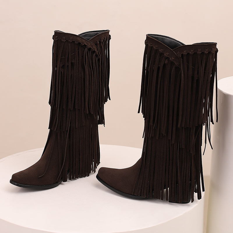 Womens Faux Suede Fringe Cowgirl Boots Mid Calf Cowboy Boots