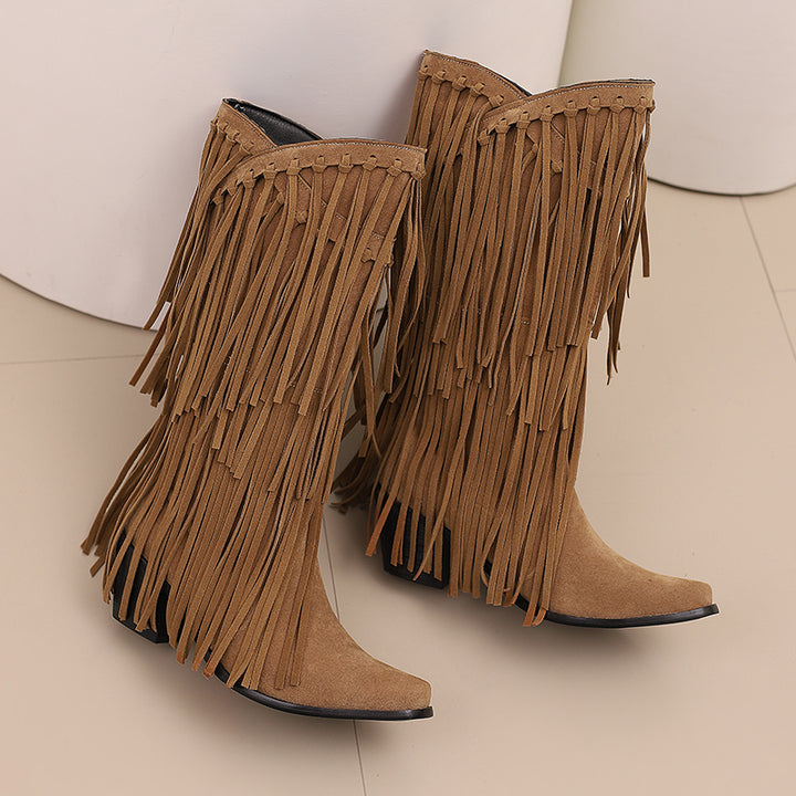 Womens Faux Suede Fringe Cowgirl Boots Mid Calf Cowboy Boots