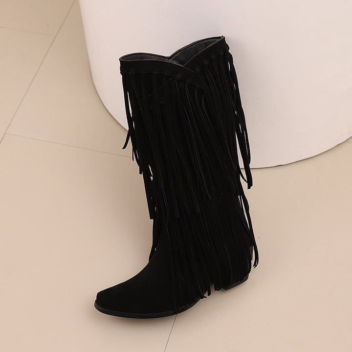 Womens Faux Suede Fringe Cowgirl Boots Mid Calf Cowboy Boots