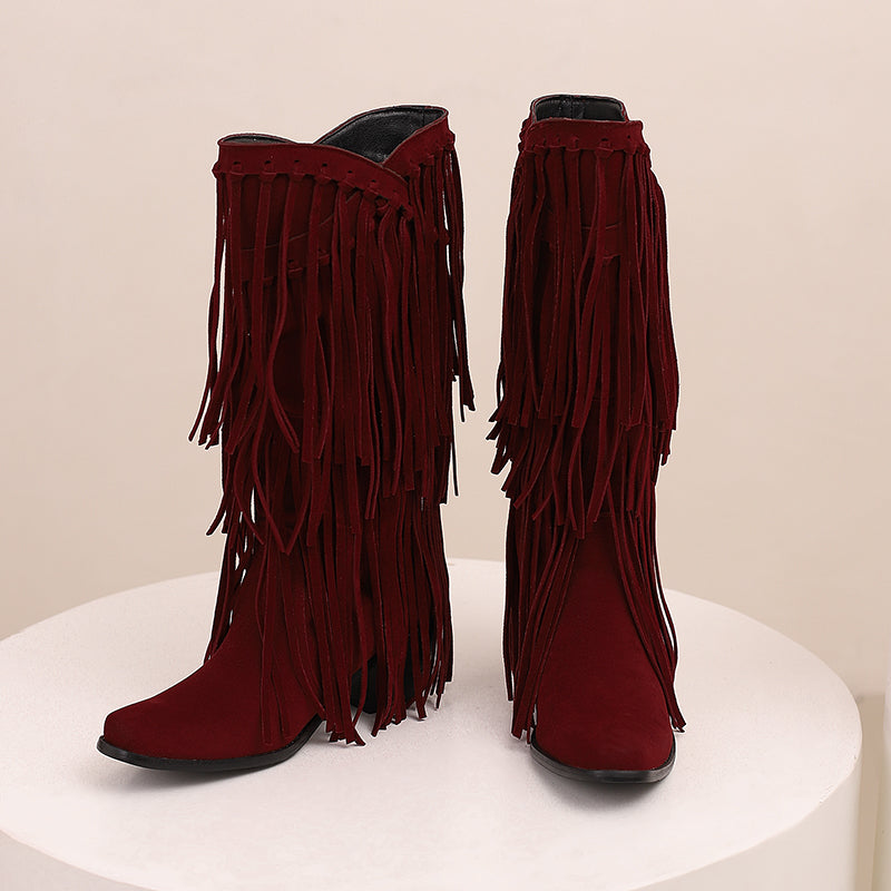 Womens Faux Suede Fringe Cowgirl Boots Mid Calf Cowboy Boots