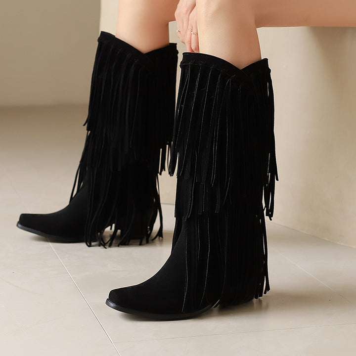 Womens Faux Suede Fringe Cowgirl Boots Mid Calf Cowboy Boots