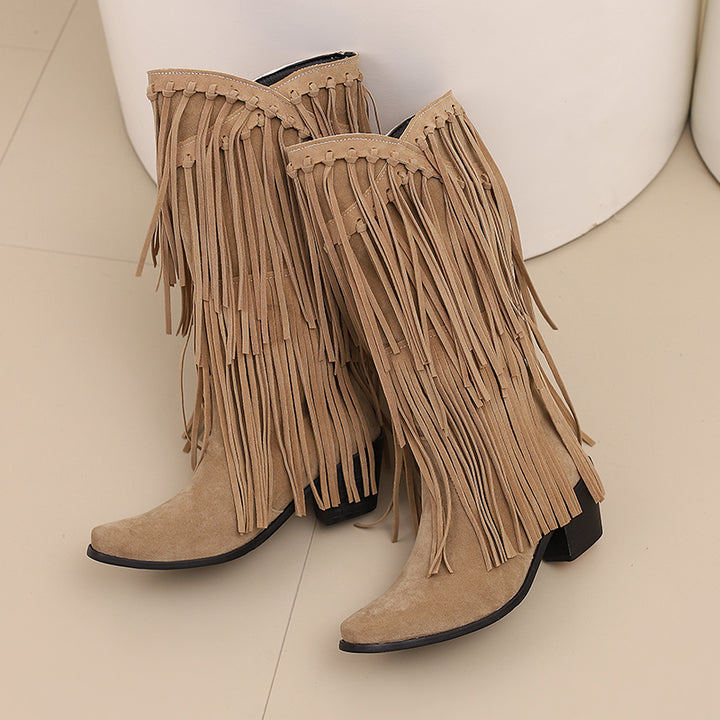 Womens Faux Suede Fringe Cowgirl Boots Mid Calf Cowboy Boots