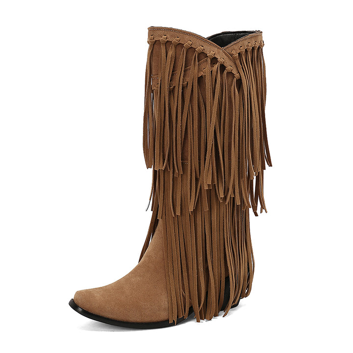 Womens Faux Suede Fringe Cowgirl Boots Mid Calf Cowboy Boots