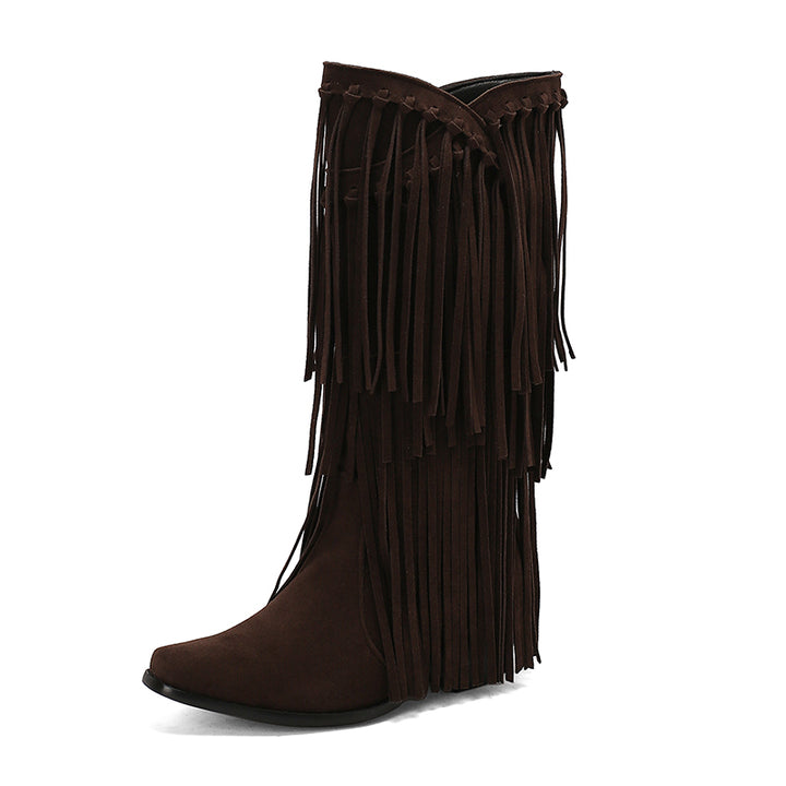 Womens Faux Suede Fringe Cowgirl Boots Mid Calf Cowboy Boots