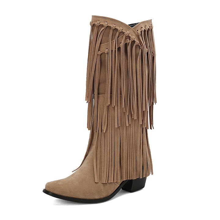 Womens Faux Suede Fringe Cowgirl Boots Mid Calf Cowboy Boots