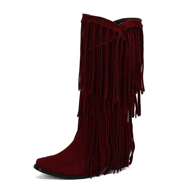 Womens Faux Suede Fringe Cowgirl Boots Mid Calf Cowboy Boots