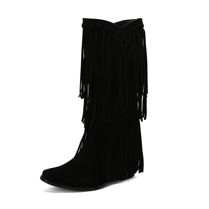 Womens Faux Suede Fringe Cowgirl Boots Mid Calf Cowboy Boots