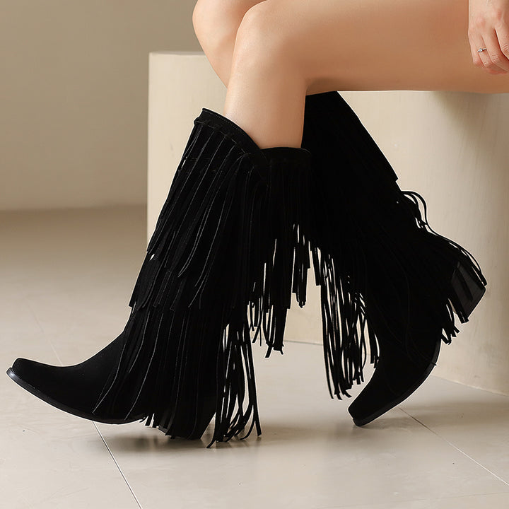 Womens Faux Suede Fringe Cowgirl Boots Mid Calf Cowboy Boots