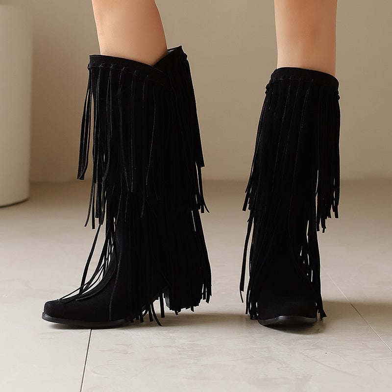 Womens Faux Suede Fringe Cowgirl Boots Mid Calf Cowboy Boots