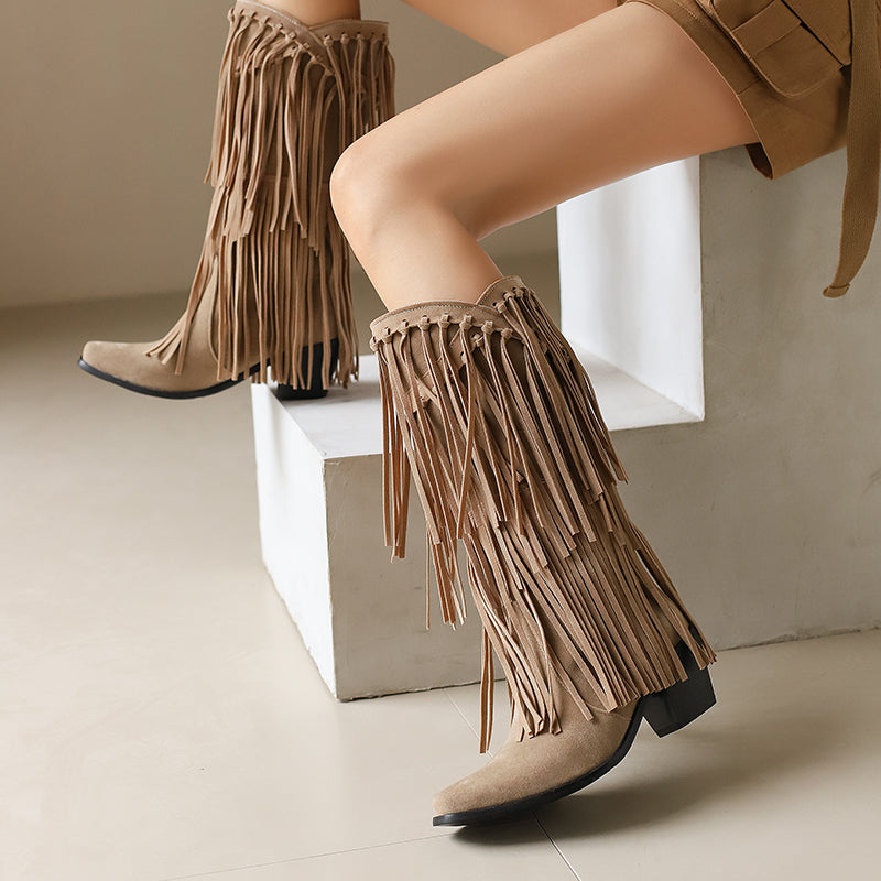 Womens Faux Suede Fringe Cowgirl Boots Mid Calf Cowboy Boots