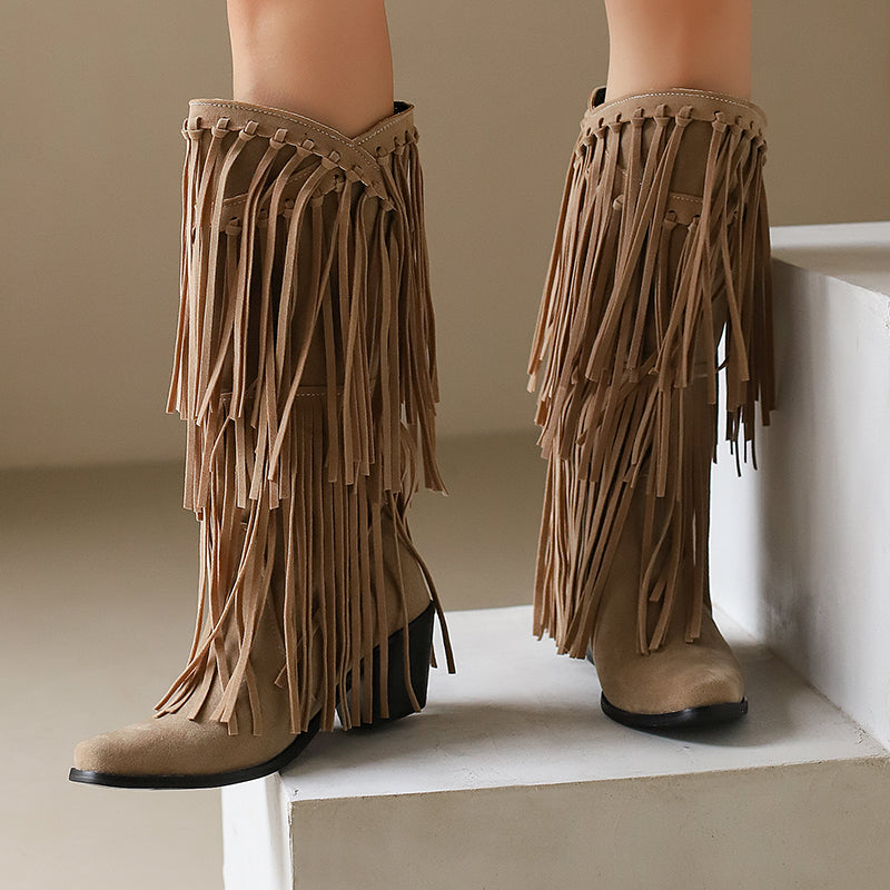 Womens Faux Suede Fringe Cowgirl Boots Mid Calf Cowboy Boots