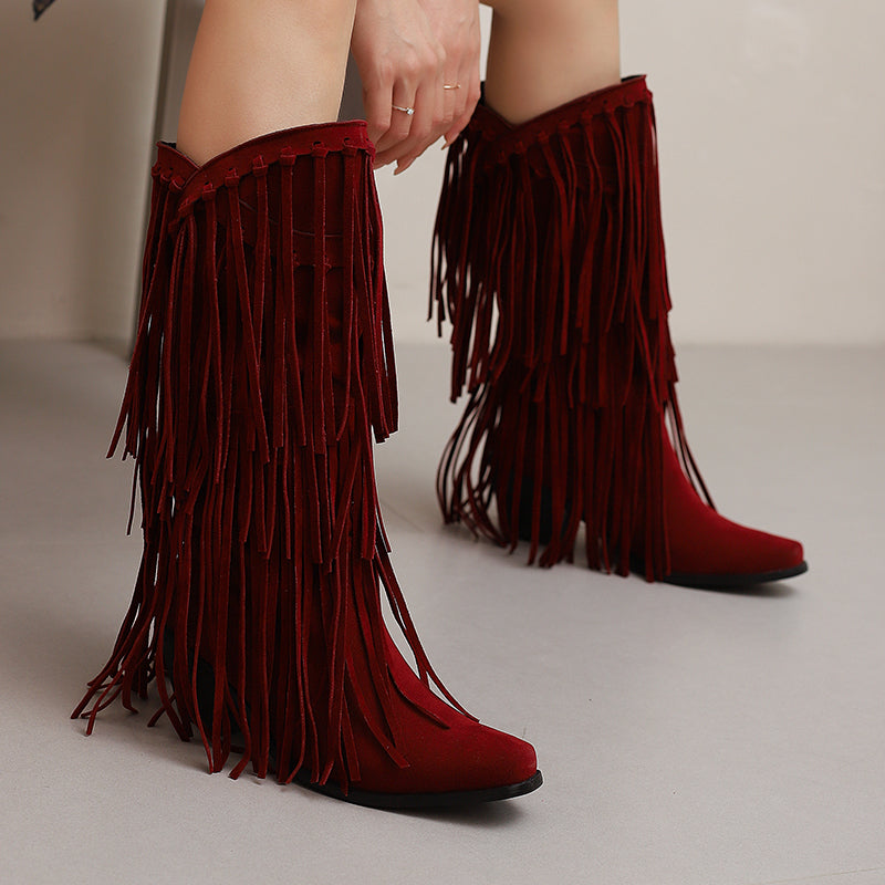 Womens Faux Suede Fringe Cowgirl Boots Mid Calf Cowboy Boots