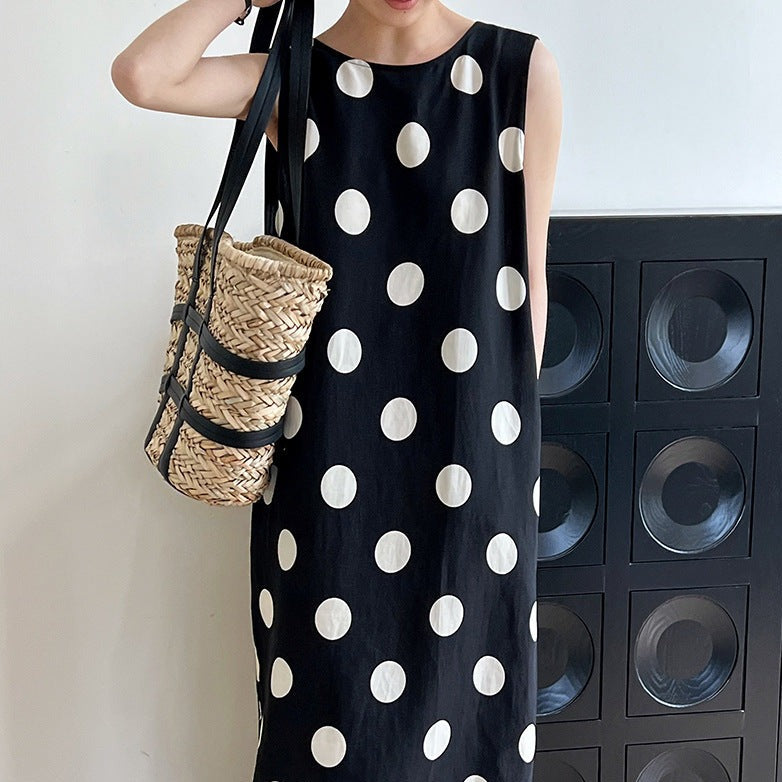 Linen Backless Drawstring Polka Dot Dress Sleeveless Long Dress