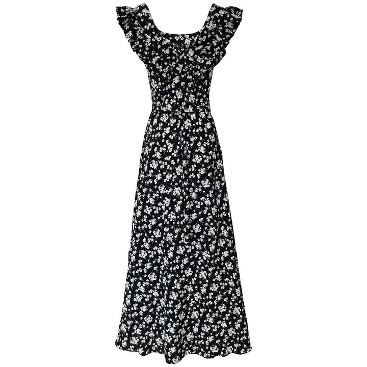 Square Neck Ruffle Floral Dress Hepburn Style Maxi Dresses