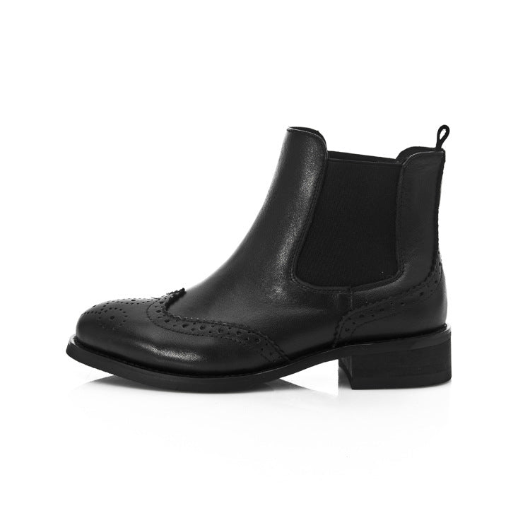 Women's Black Leather Ankle Boots Vintage Brogues Chelsea Boots