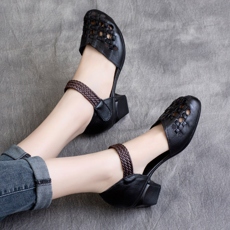 Ethnic style Retro Cowhide Braided Hollow Thick Heel Sandals