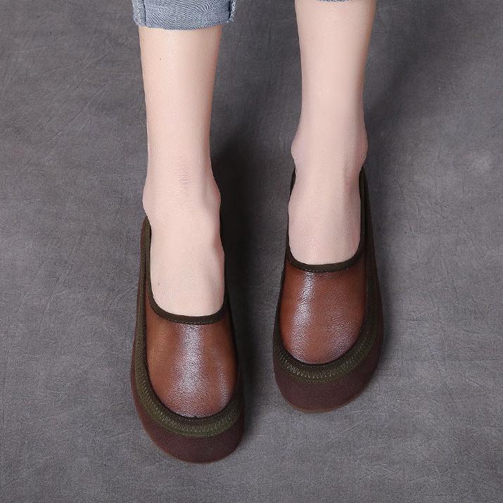 Handmade Colorblocking Cowhide Mori Style Loafers Flat Women's Shoes