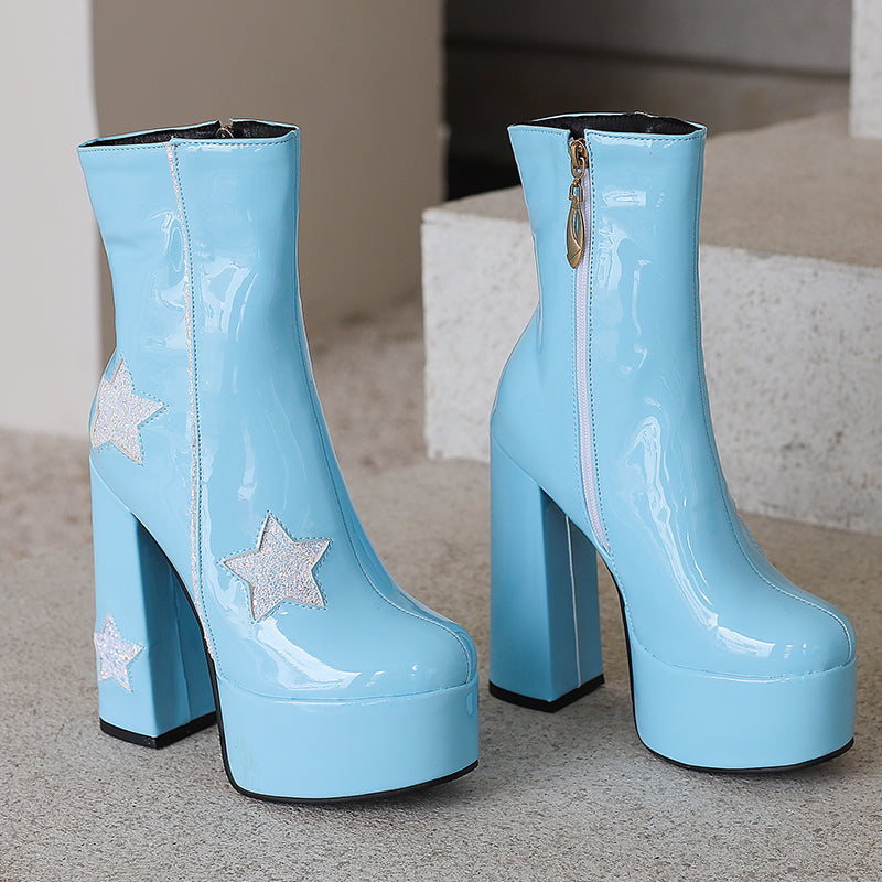 Star Motif Glam Boots Block Heel