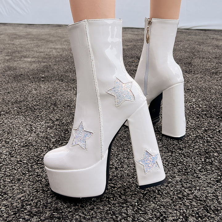 Star Motif Glam Boots Block Heel