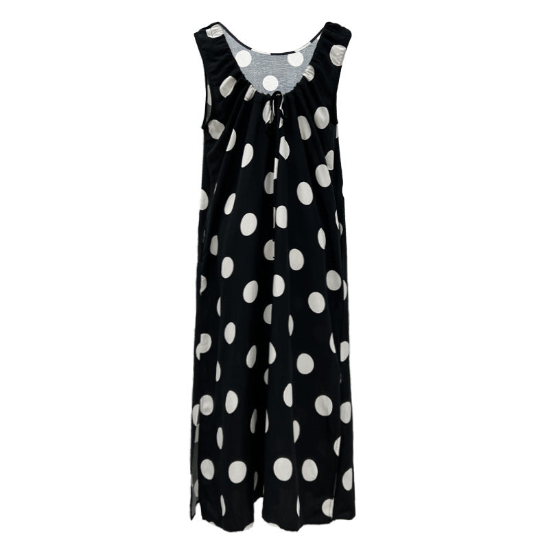 Linen Backless Drawstring Polka Dot Dress Sleeveless Long Dress