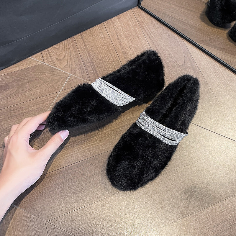 Soft Rabbit Fur Winter Rhinestone Buckle Flat Shoes