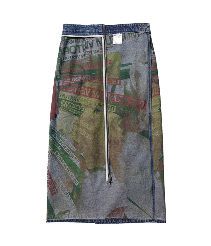 Artistic Reversible Slit Printed Y2K Denim Skirt