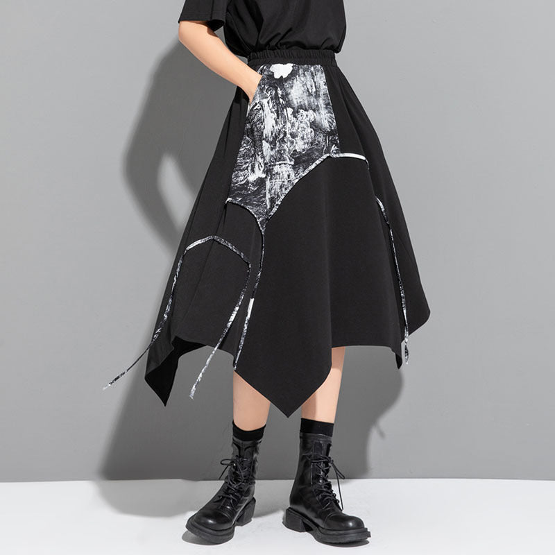 Ink Print Patchwork Irregular Mid-Length A-Line Skirt