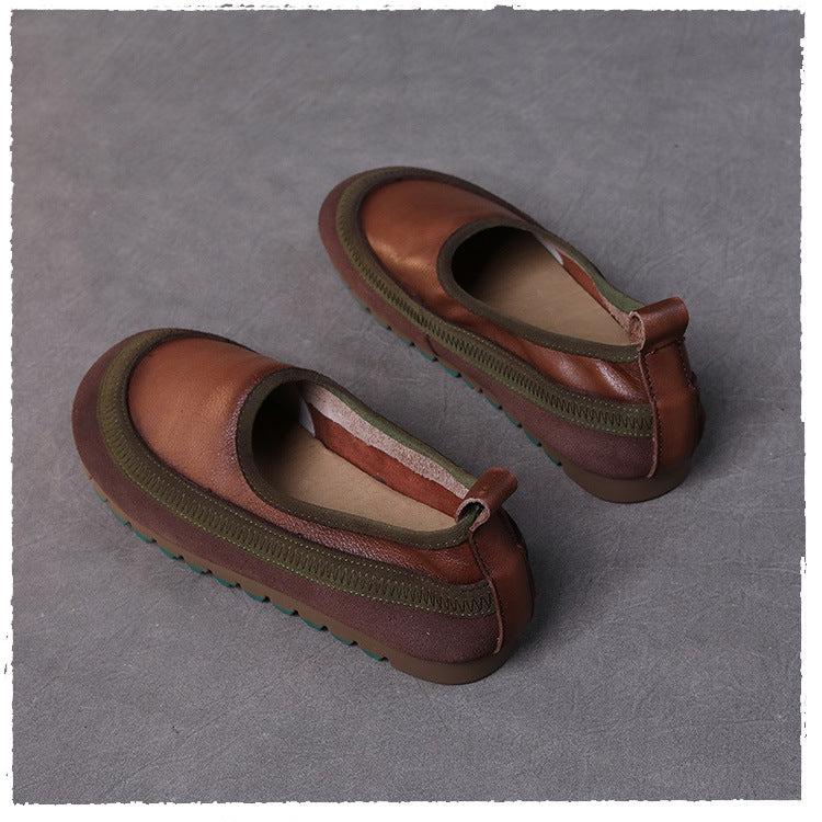 Handmade Colorblocking Cowhide Mori Style Loafers Flat Women's Shoes