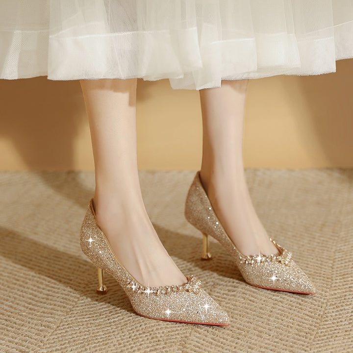 Womens Wedding Bridal Shoes Elegant Glitter Thin Heels Pumps