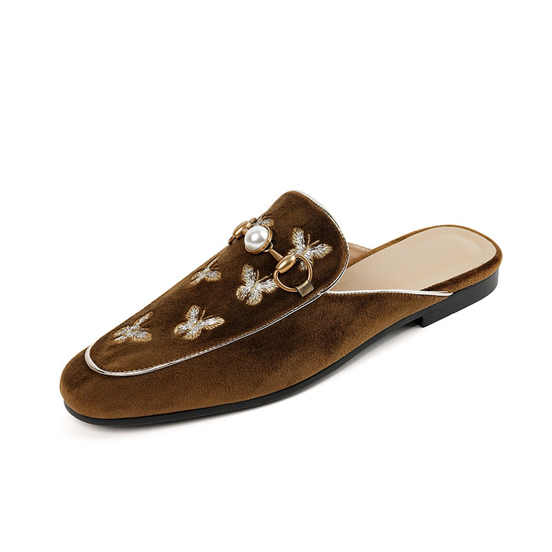 Womens Butterfly Embroidery Velvet Flats Mules