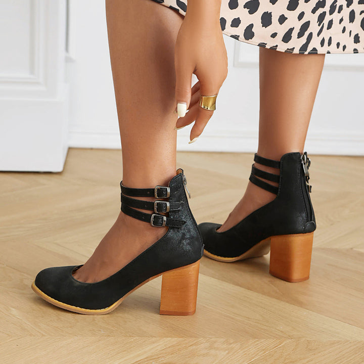 Women's Ankle Strap Back Zipper Sandals Chunky Heel Roman Style Shoes