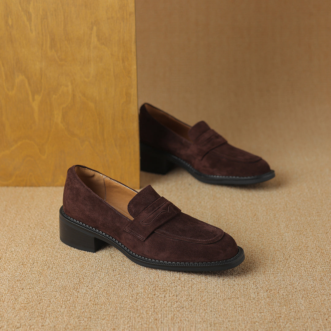 Women's Suede Handmade Chunky Heeled Loafers