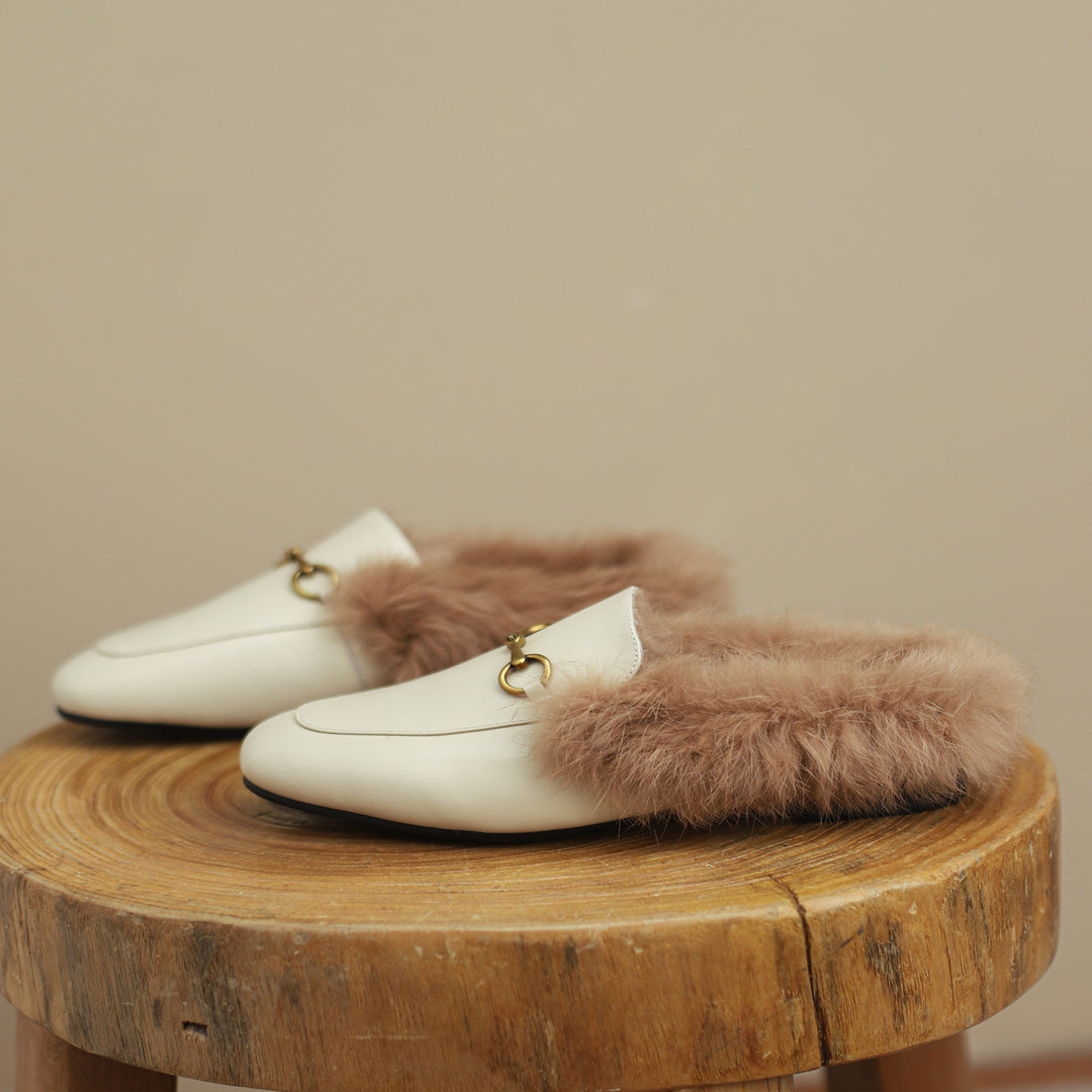 Women Leather Fur Flat Slippers Mules