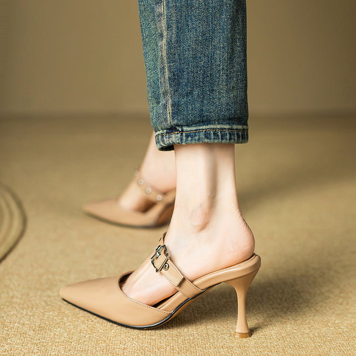 Womens Leather Pointy Toe Buckle Strap Heels Mules