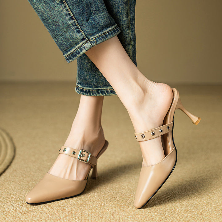 Womens Leather Pointy Toe Buckle Strap Heels Mules