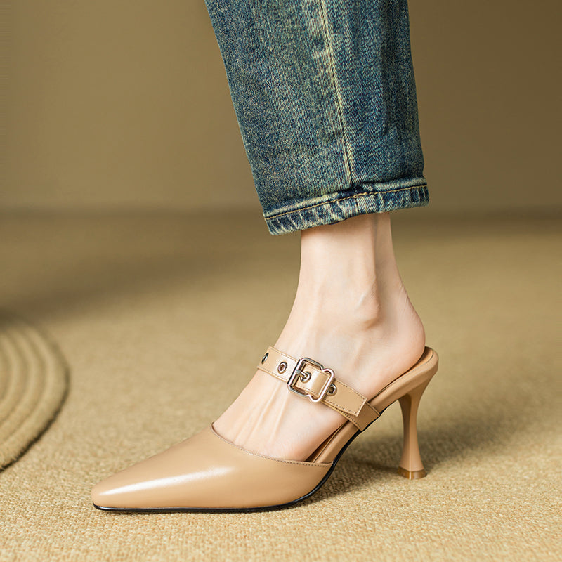 Womens Leather Pointy Toe Buckle Strap Heels Mules