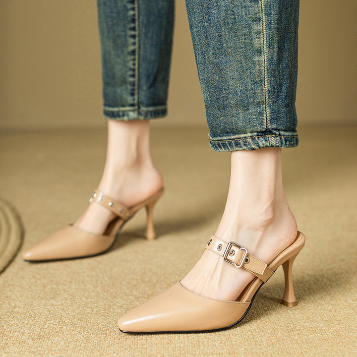 Womens Leather Pointy Toe Buckle Strap Heels Mules