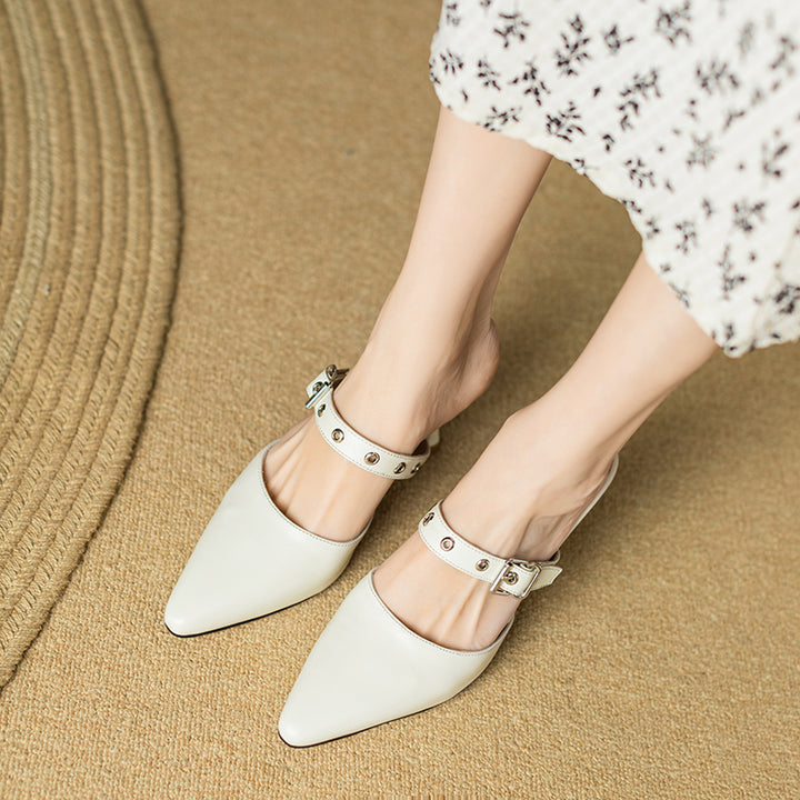 Womens Leather Pointy Toe Buckle Strap Heels Mules