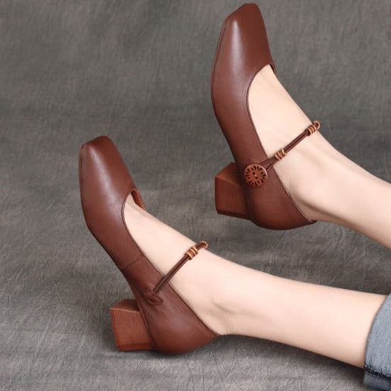 Womens Square Toe Cowhide Leather Chunky Heeled Pumps