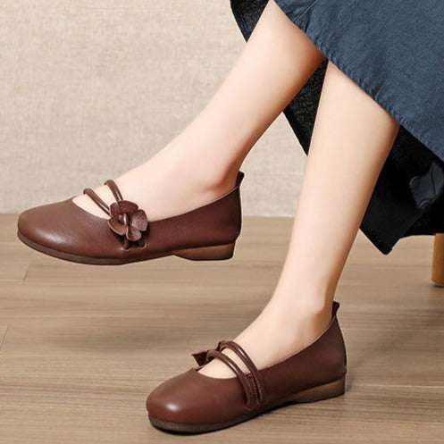 Womens Handmade Flower Leather Flat Soft Sole Shoes