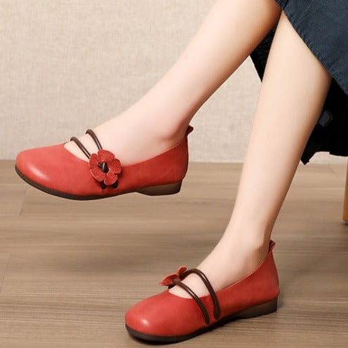 Womens Handmade Flower Leather Flat Soft Sole Shoes