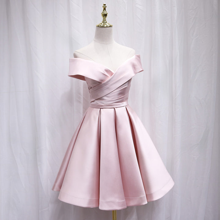 Pink Pleated Satin Homecoming Dress With Off Shoulder