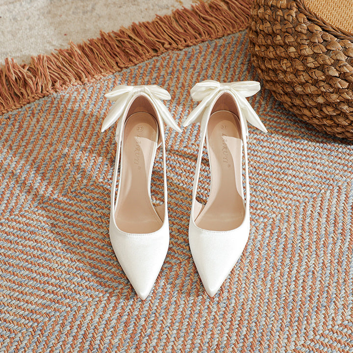 Women's Bowknot Heels French Hollow Pointed Toe Wedding Pumps